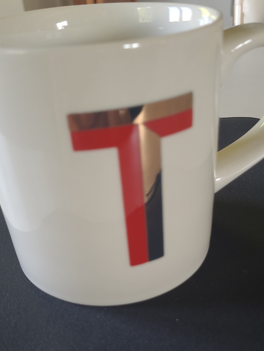 Opalhouse White Mug with Metallic Gold and Red T Monogram